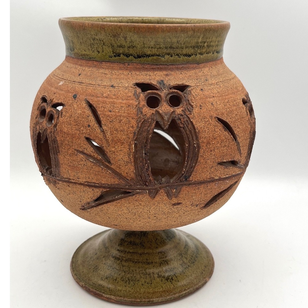 Vtg Studio Art Pottery Owl Luminary | Mid Century Signed Cutout Pedestal Decor
